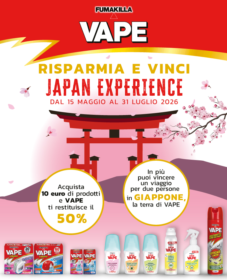 Immagine desktop col titolo della meccanica Cashback e Concorso Japan Experience Risparmia e Vinci. Con l'acquisto di 10€ di prodotti Fumakilla Vape ricevi il rimborso del 50% e in più puoi partecipare all'estrazi9one finale di un viaggio in giappone per 2 persone